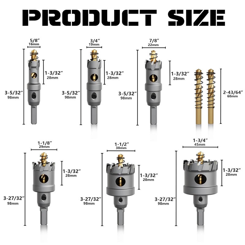 GSTK Hole Saw 8 PCS, Hole Saw for Metal, TCT Hole Cutter, 6Drill Saws with 2* Extra Pilot Center Bits, 2* Springs for Metal, Iron and Stainless Steel, Hard Materials - Image 2
